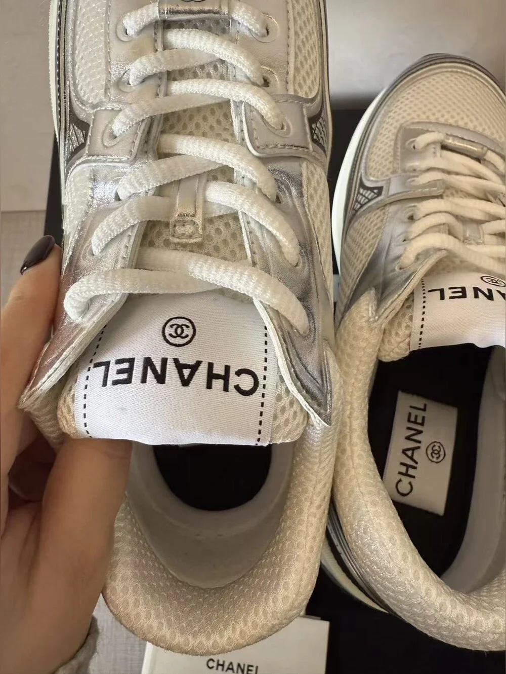 Chanel White & Silver Mesh Runner Sneakers